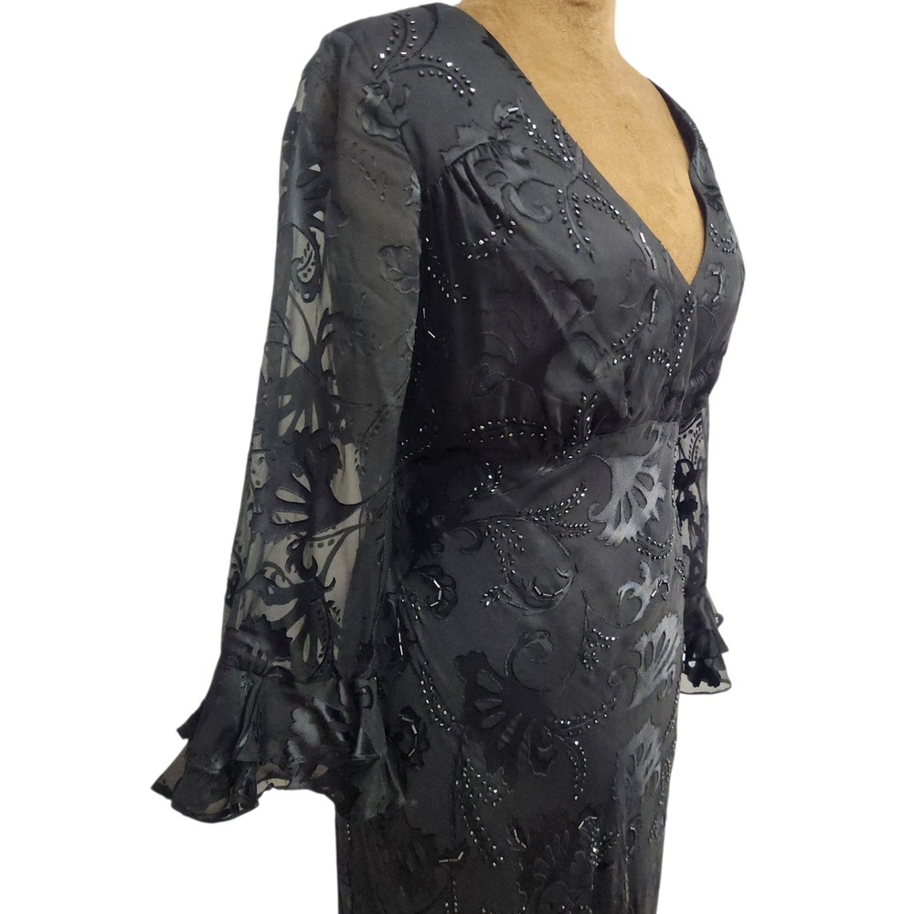 Valerie Stevens Black Silk Burnout Beaded Midi Dress Y2K Whimsigoth Fairycore 8